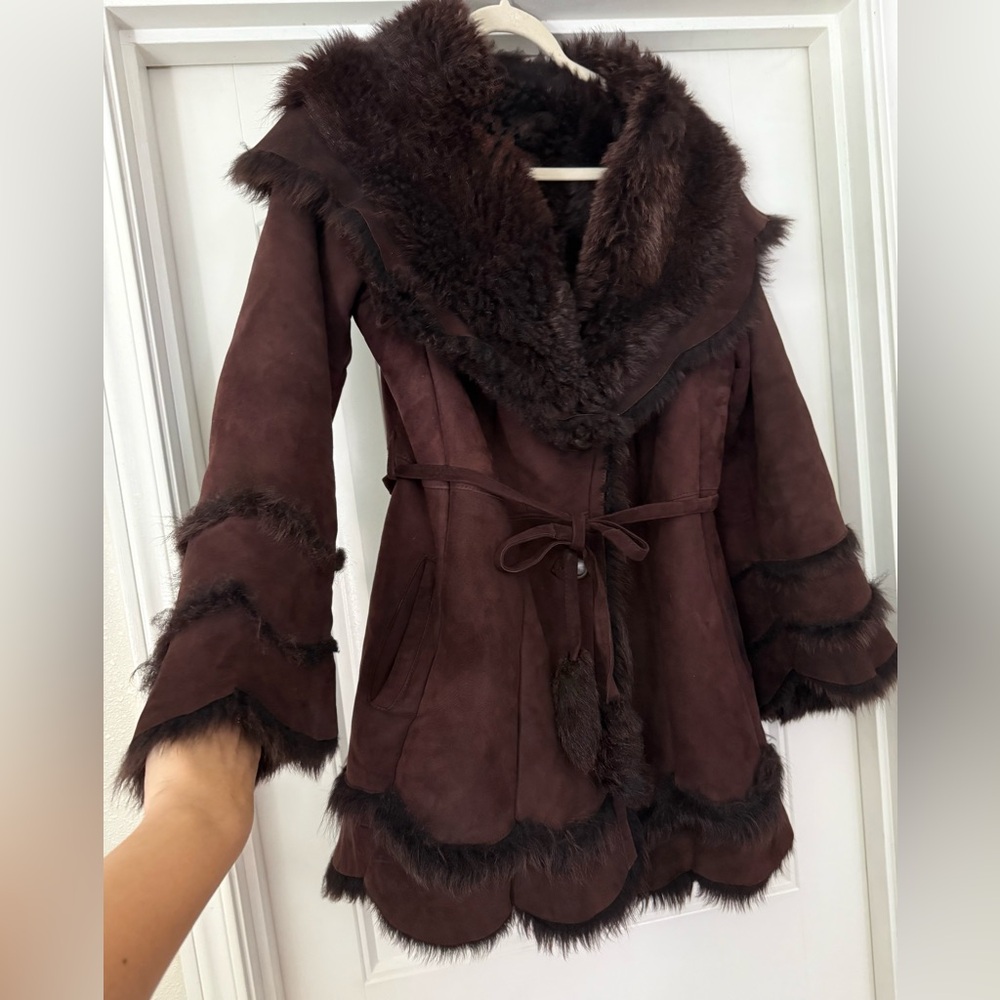 RARE Vintage Suede Shearling HEAVY COAT super warm made in USA Fit & Flare sz L - Picture 5 of 17